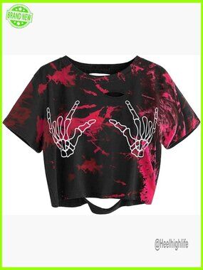 Distressed Skull Finger Graphic Crop Top, Ripped Short Sleeve Tee